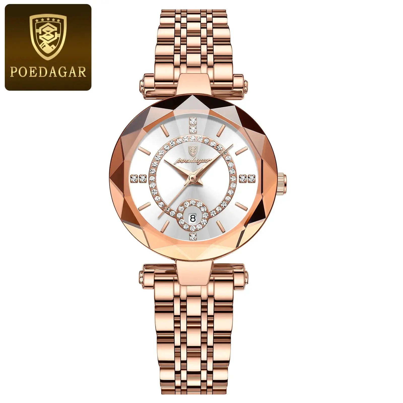 POEDAGAR rose-gold women's wristwatch with crystal bezel and stainless steel band, date display