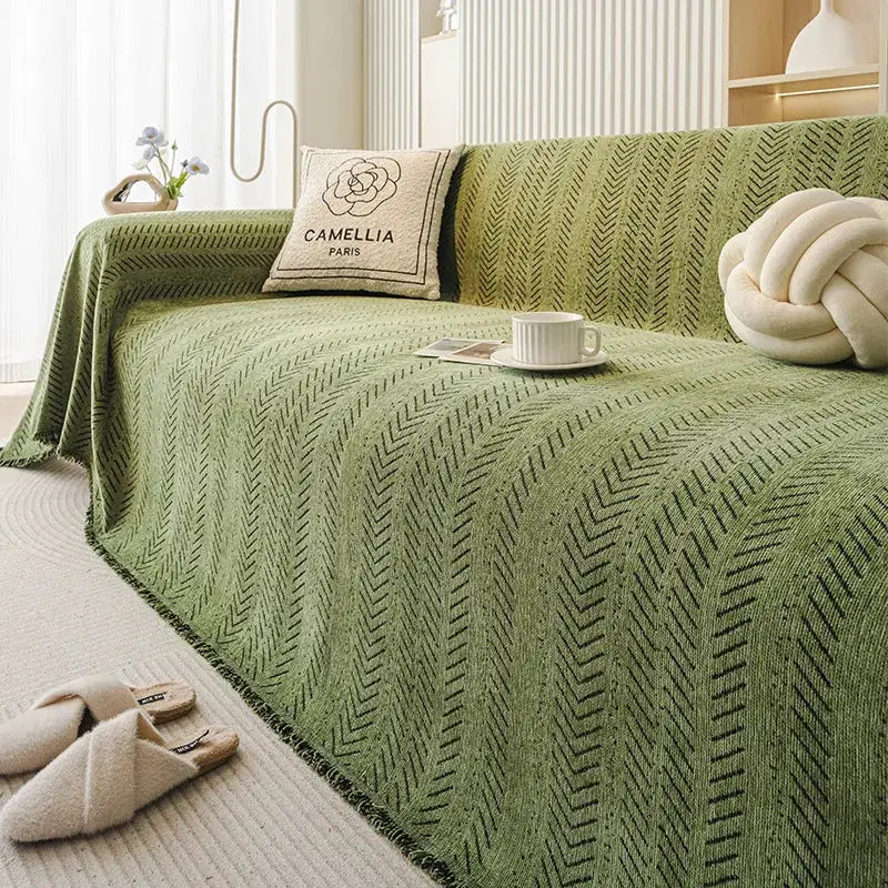 3-seater sofa cover by Simples Market, green fishbone-pattern, full set with anti-scratch, non-slip, stain-resistant