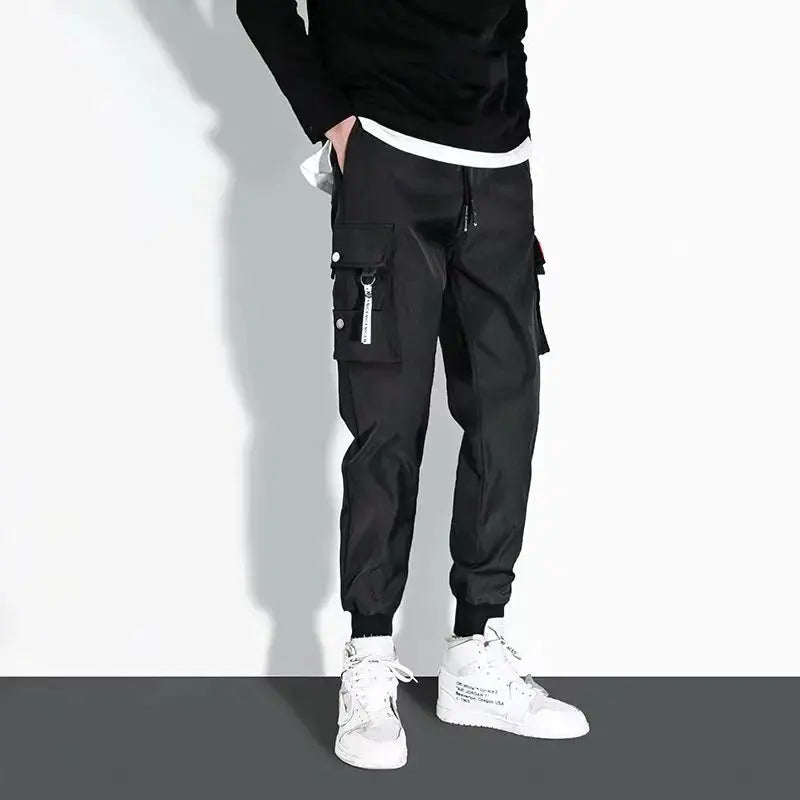 Simples Market men's tactical cargo jogger pants in black with zippered pockets
