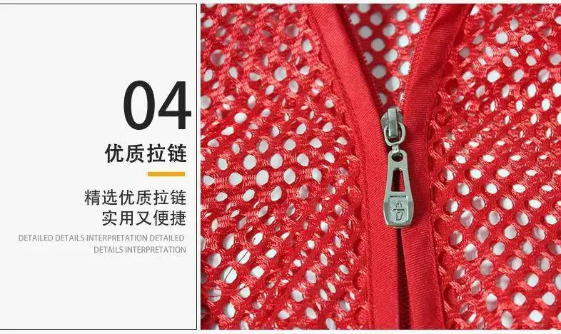 Red breathable volunteer fishing vest with mesh and metal zipper, sleeveless safety vest