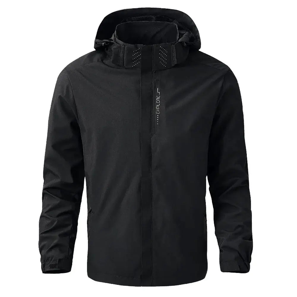 Men's black waterproof hooded rain jacket by Simples Market; lightweight outdoor windproof coat