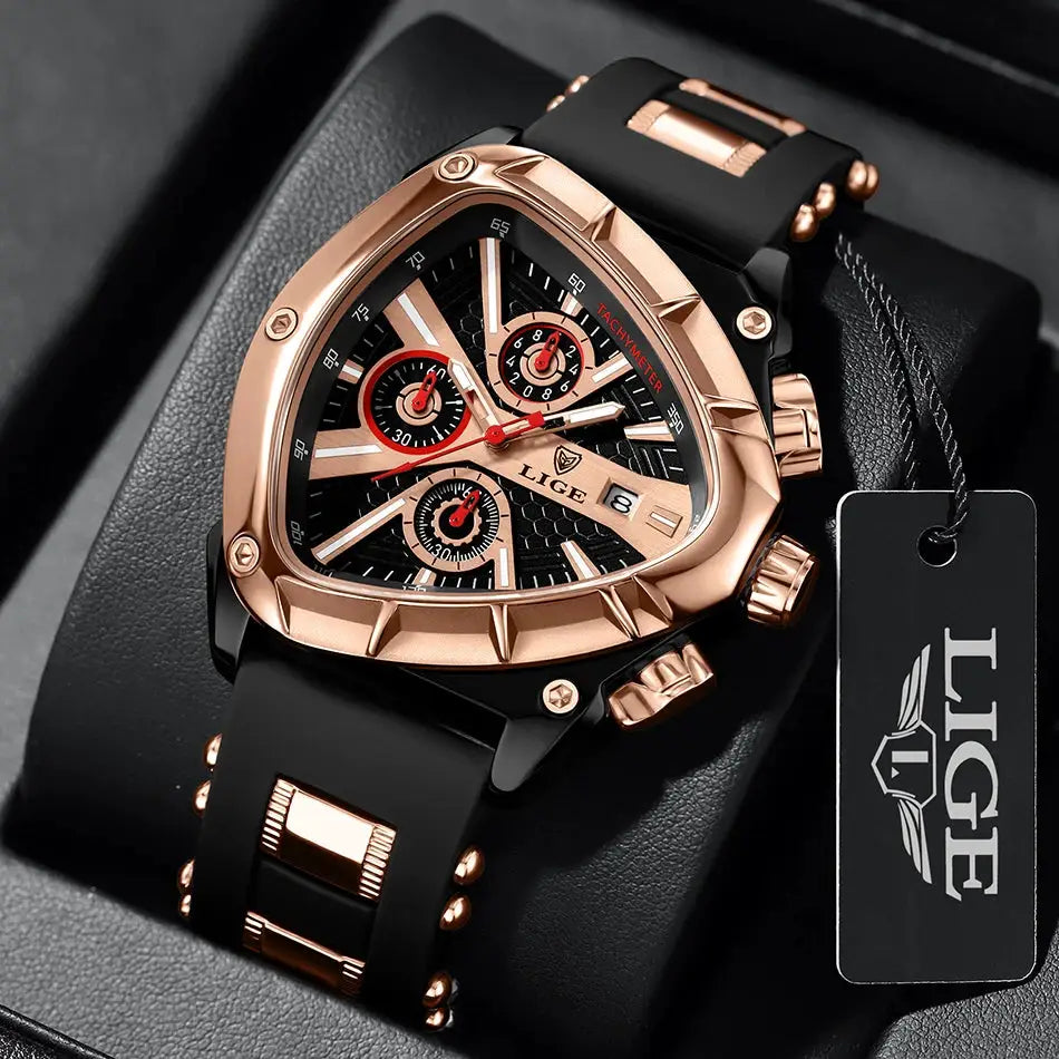 LIGE luxury men's watch with rose-gold case, black strap, and box.