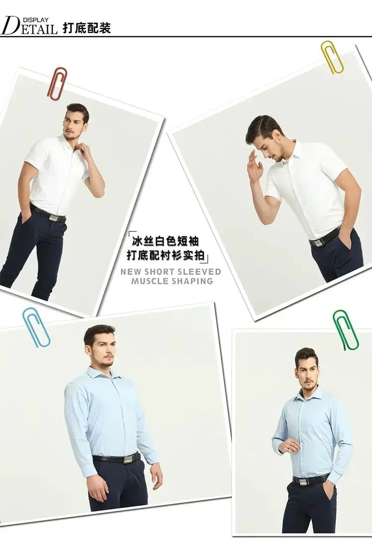 Simples Market men's body shaper undershirt with ABS muscle pads; white and light-blue colorways, 4 outfits shown.