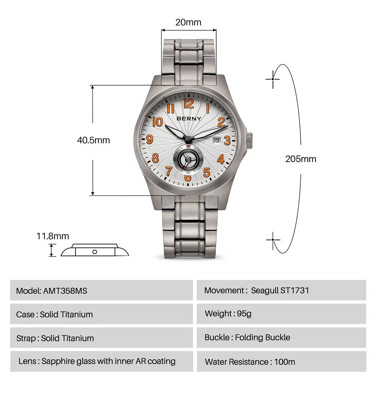BERNY titanium automatic men’s watch with sapphire glass, orange numerals, luminous hands, titanium bracelet, 10 ATM