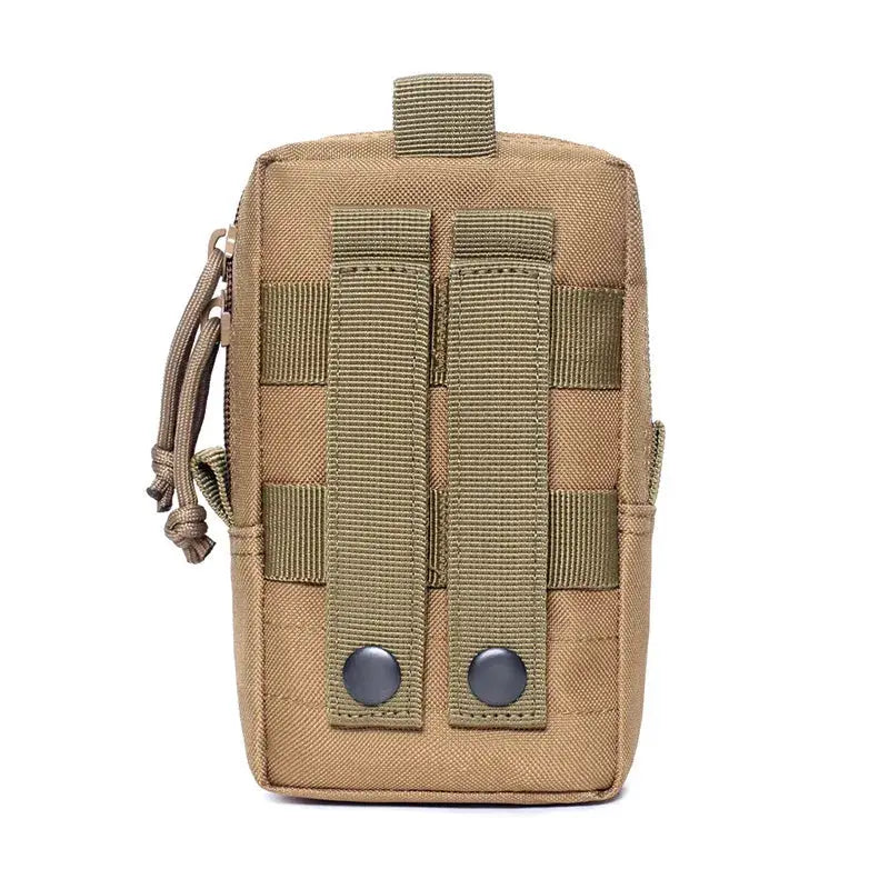 Tan tactical MOLLE pouch waist bag with back webbing and dual straps