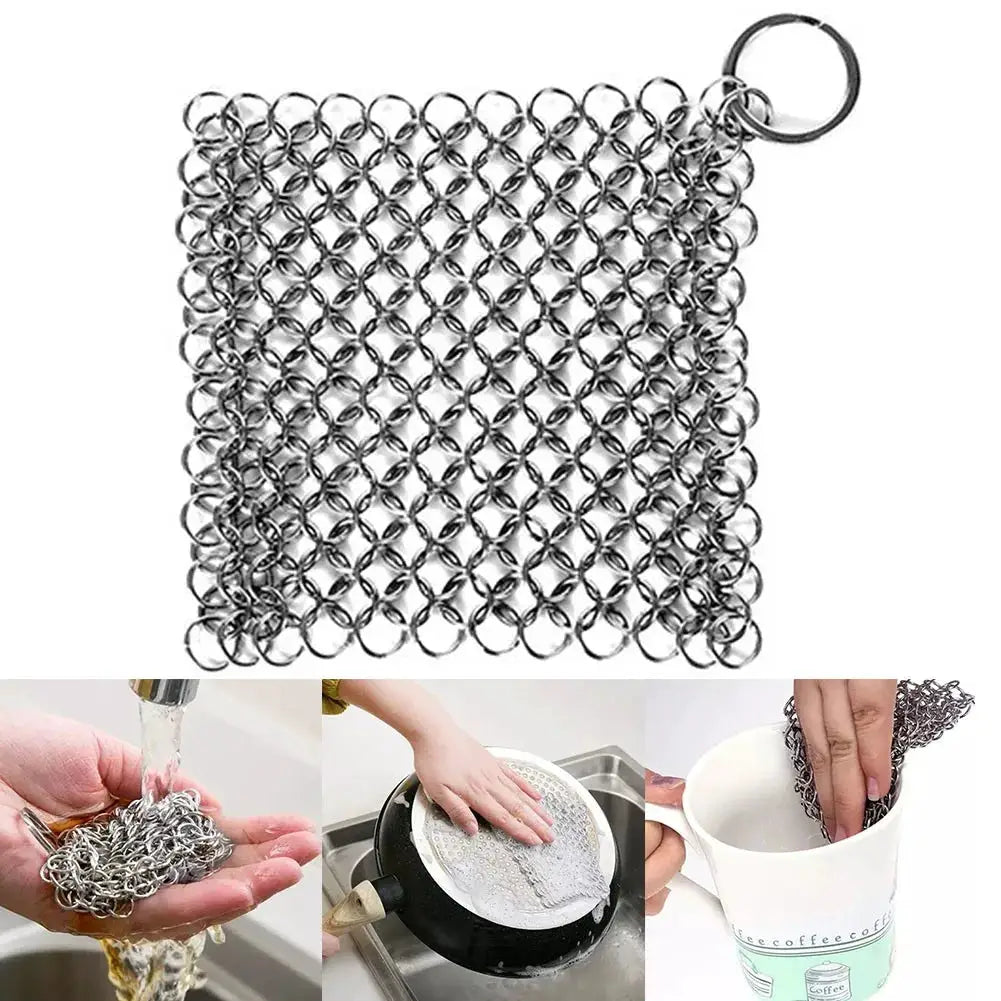 Stainless steel chain-mail scrubber with ring handle for cookware cleaning by Simples Market