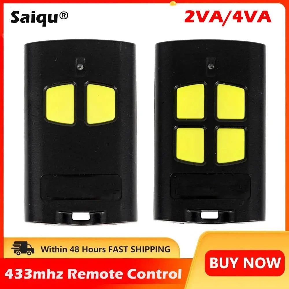 Saiqu garage door remote pair, 433 MHz, black with yellow buttons, 2VA/4VA rolling code compatibility
