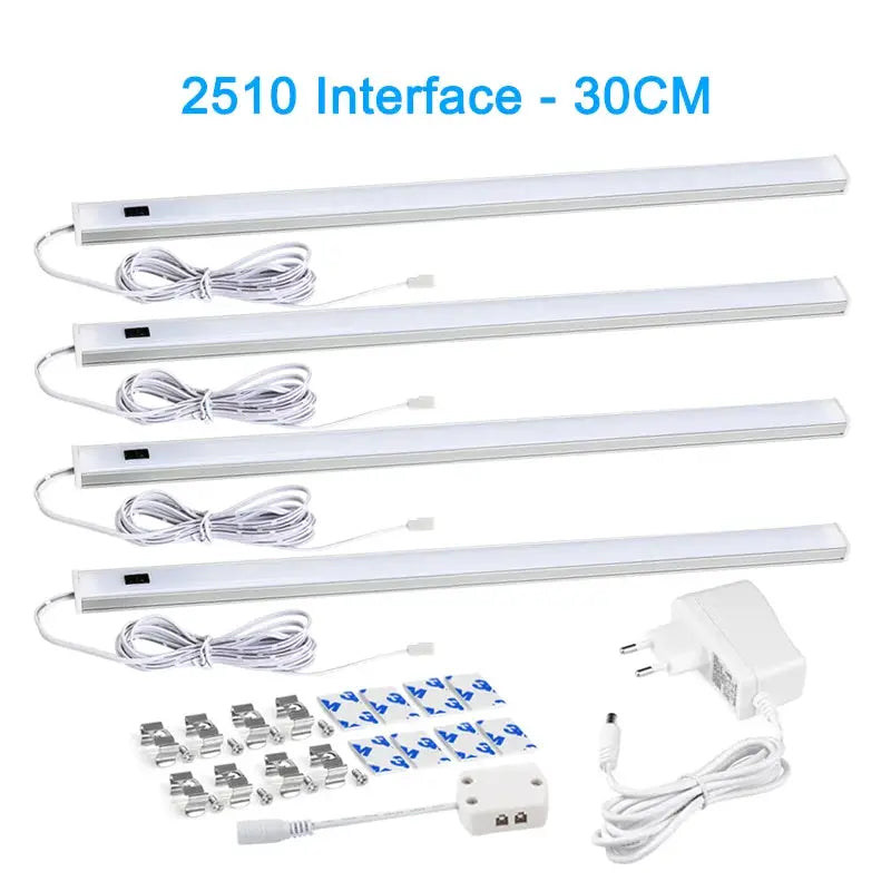 LED under-cabinet light kit with 5 white bars, built-in switch and adapters
