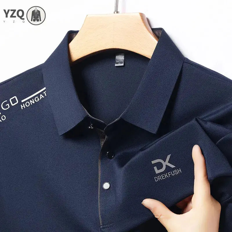 Men's navy short-sleeve polo shirt with left chest DK DREK FUSH badge logo, Simples Market.