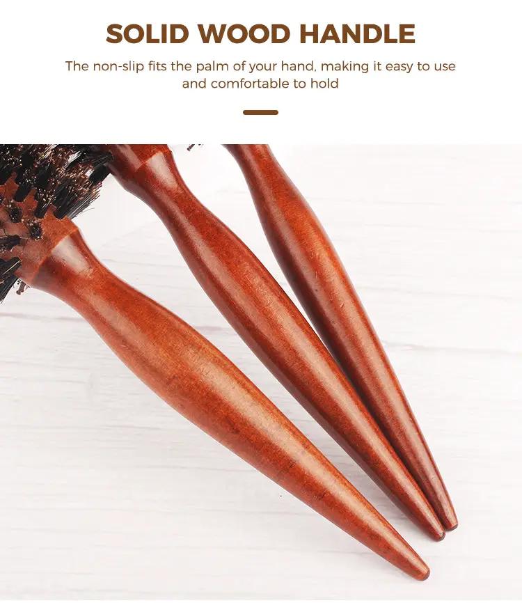 Wooden-handled round rolling brush set by Simples Market with boar bristles; three brown curling brushes.