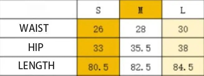 Simples Market size chart for leggings: S/M/L; waist 26/28/30, hip 33/35.5/38, length 80.5/82.5/84.5