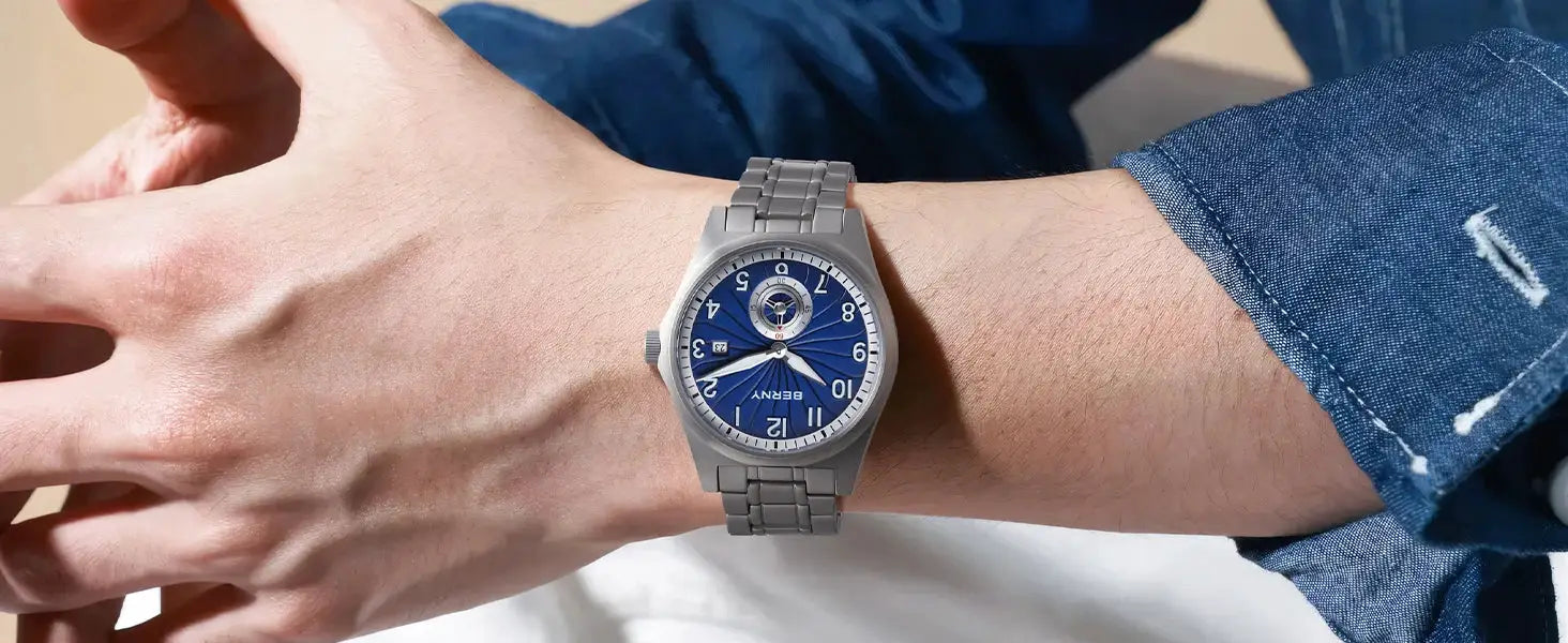 BERNY full titanium automatic men's watch with blue dial and titanium bracelet