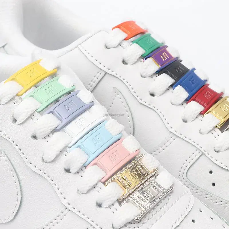 Air Force 1 shoelace decorations on white sneakers; rainbow pastel plastic lace tags with AF1 branding