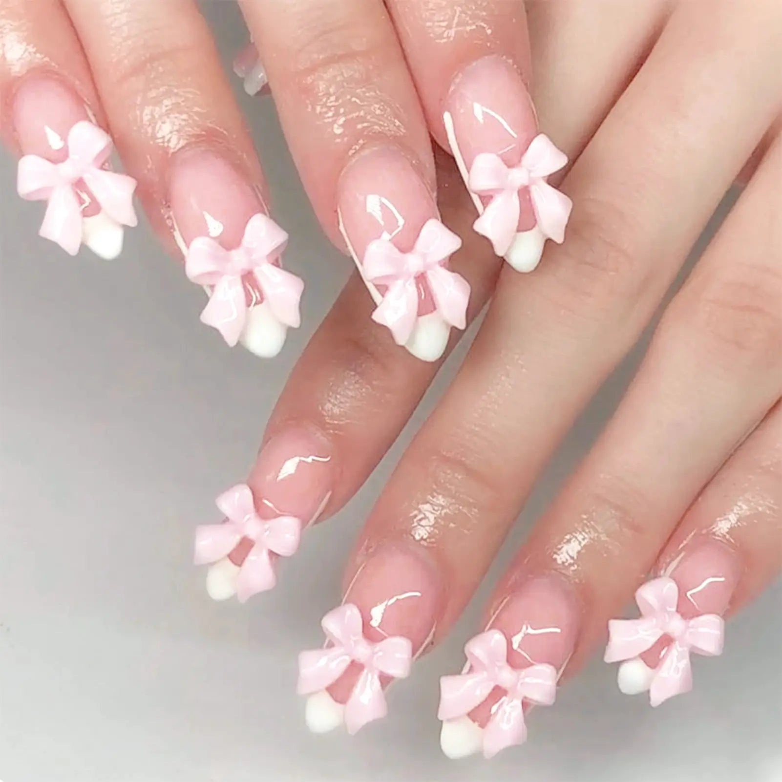 LuxeNail Blush Pink False Nails Bowknot Diamond Pearl Design Press On Nail Tips Harmless Smooth Edge Safe DIY Mani