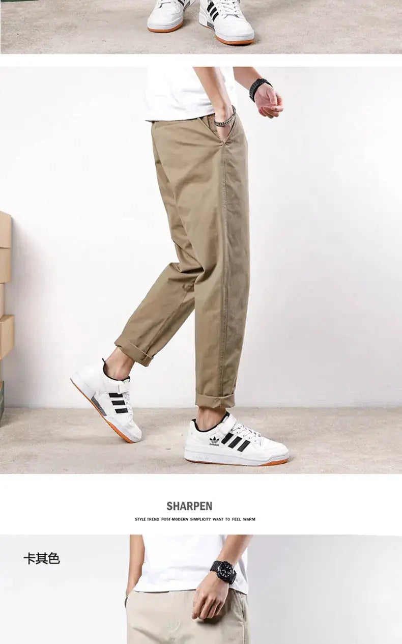 HIQOR men's cotton trousers in khaki with elastic waist, loose casual fit, paired with white Adidas sneakers