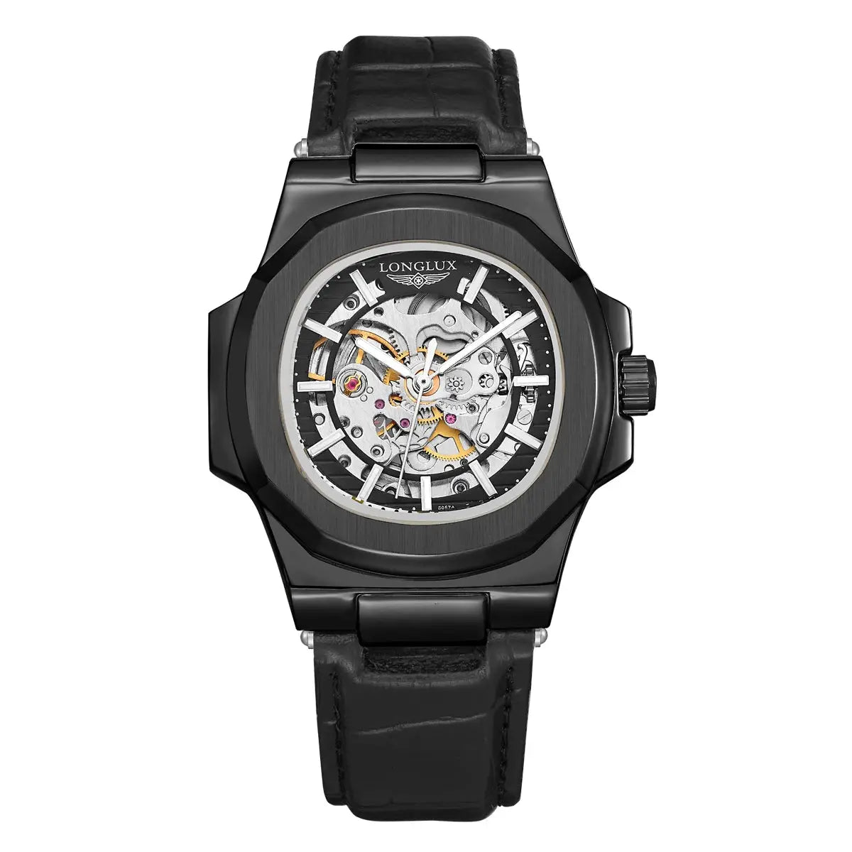 Men's Longlux automatic skeleton watch with black leather strap and black stainless steel case