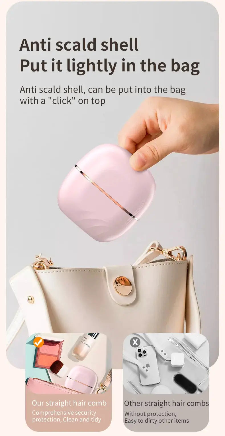 Mini cordless pink hair straightener brush by Simples Market, rechargeable USB charging, anti-scald shell