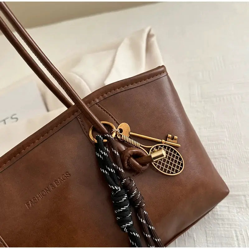 Simples Market European American Retro Tote Bag, brown leather tote with gold key and tennis-racket charms