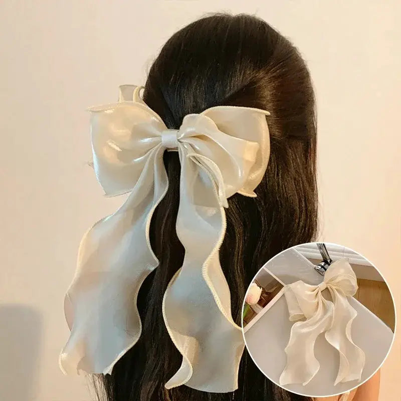 Elegant Blue Satin Chiffon Bow Hair Clip Barrette For Women And Girls With Shiny Bow Knot Accessory