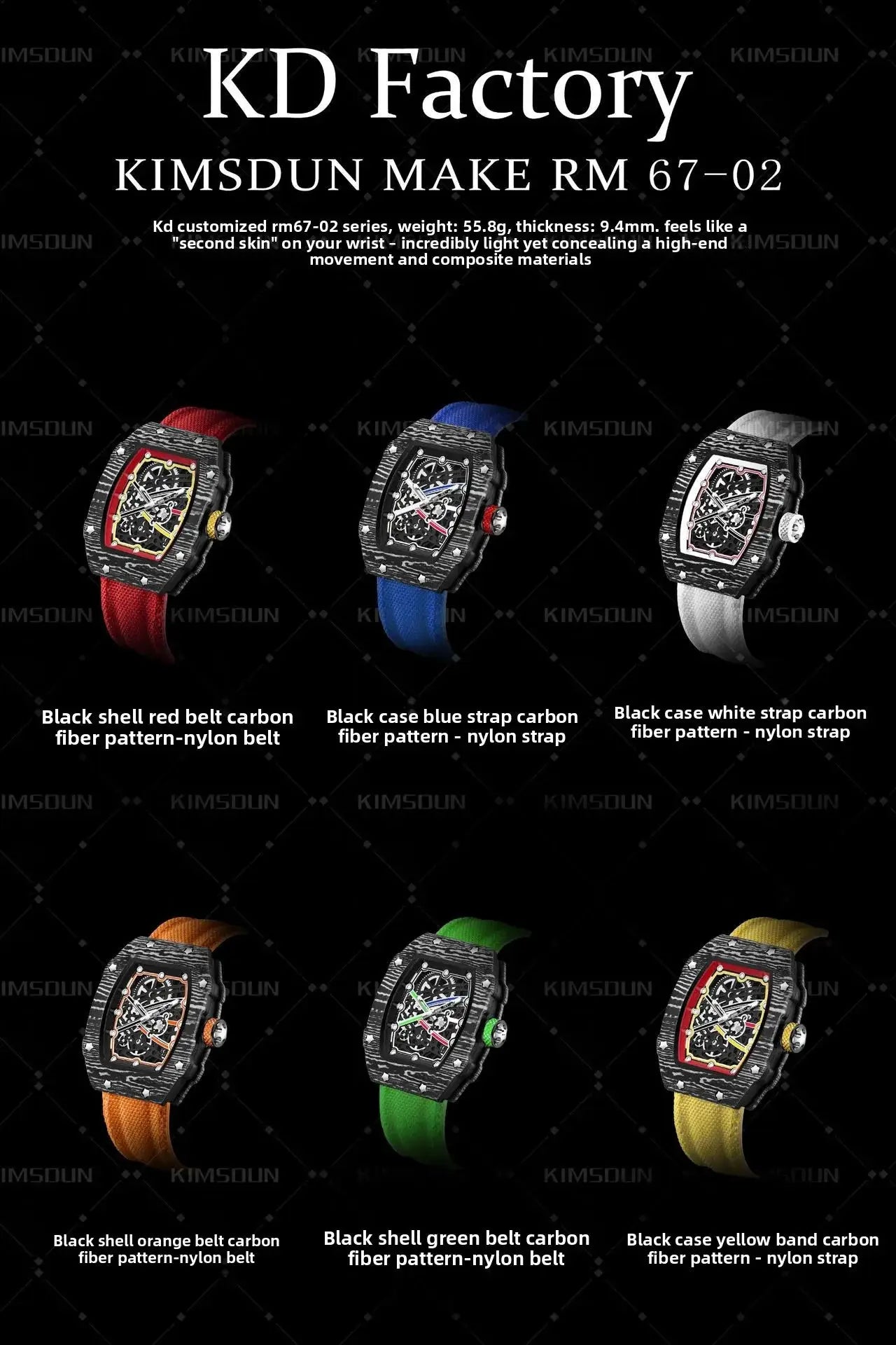 Tonneau skeleton quartz watch by Simples Market with nylon strap in red, blue, white variants