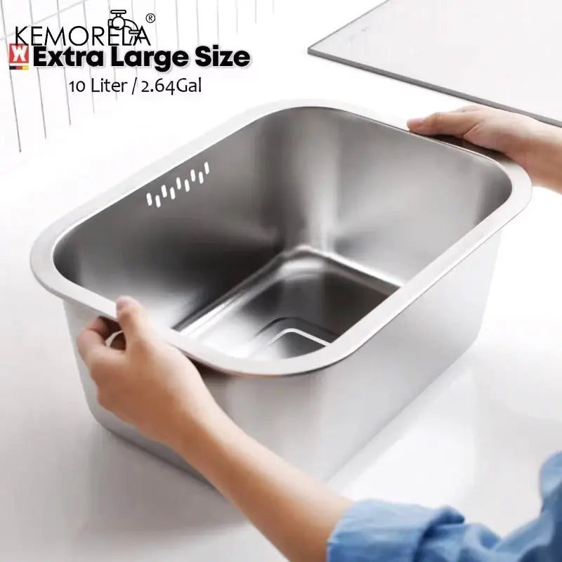 Portable 10L Stainless Steel Washing Up Bowl Dishpan for Kitchen Sink Multipurpose Vegetable Rinsing