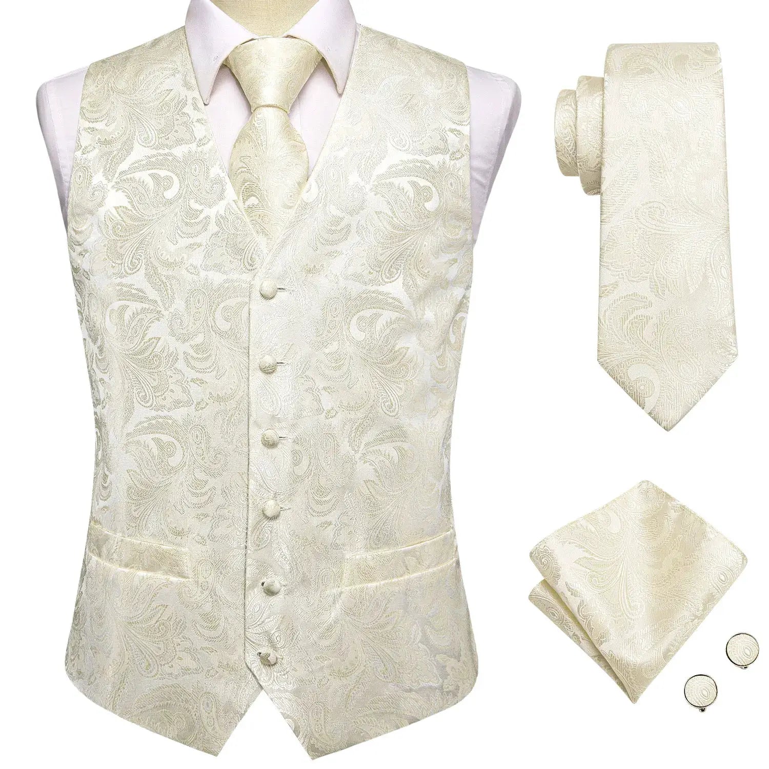 Simples Market men's ivory paisley wedding waistcoat set with matching tie, pocket square and cufflinks.