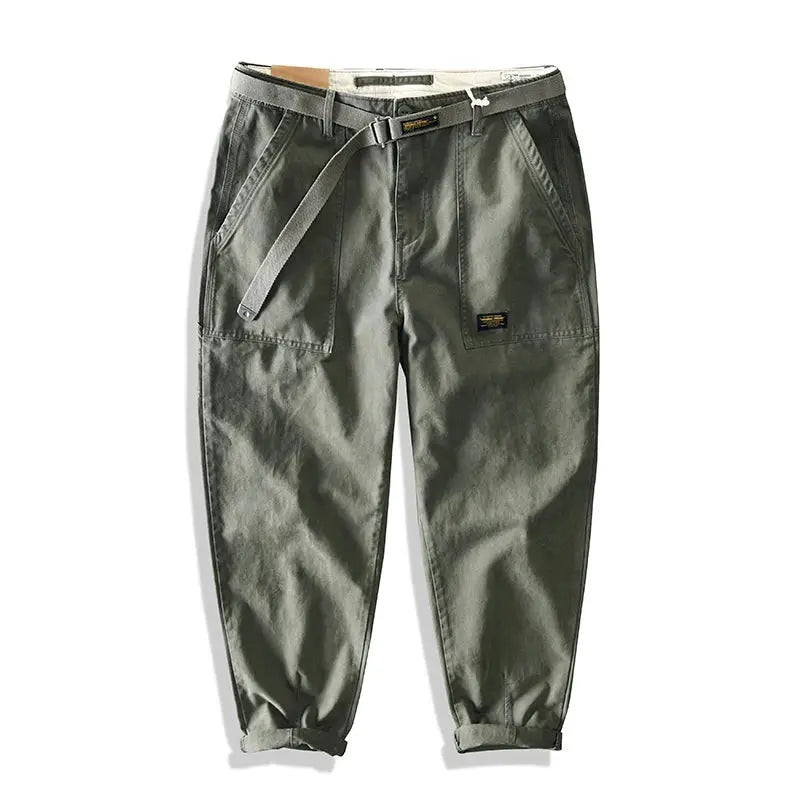 Yu Wenle Amekaji cargo workwear pants for men in olive green with belt and large front pockets, Simples Market