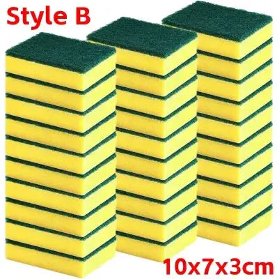 20Pcs double-sided scouring pads; yellow sponge with green scrub layer, 10x7x3 cm, three stacks