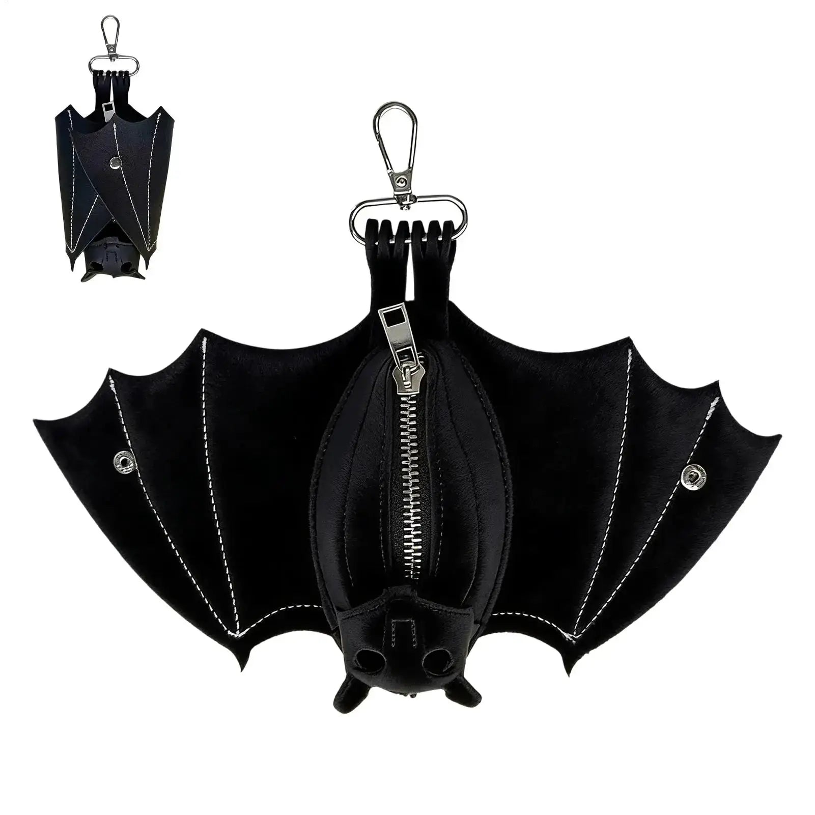 Black PU leather bat-wing coin purse with foldable wings, zipper, and keychain clip; two views