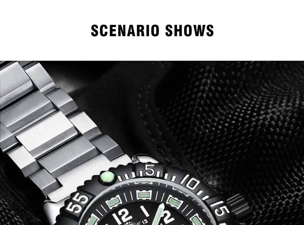 ADDIESDIVE men's quartz watch with stainless steel strap, black bezel, green luminous markers