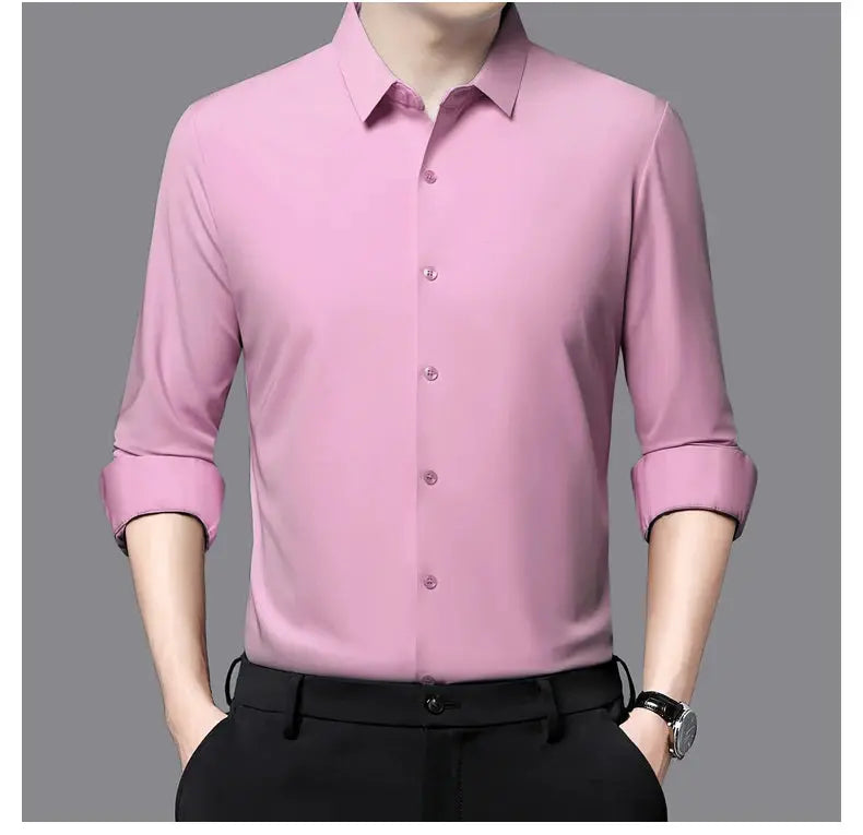 Premium men's pink ultra-stretch dress shirt, long sleeves, Simples Market