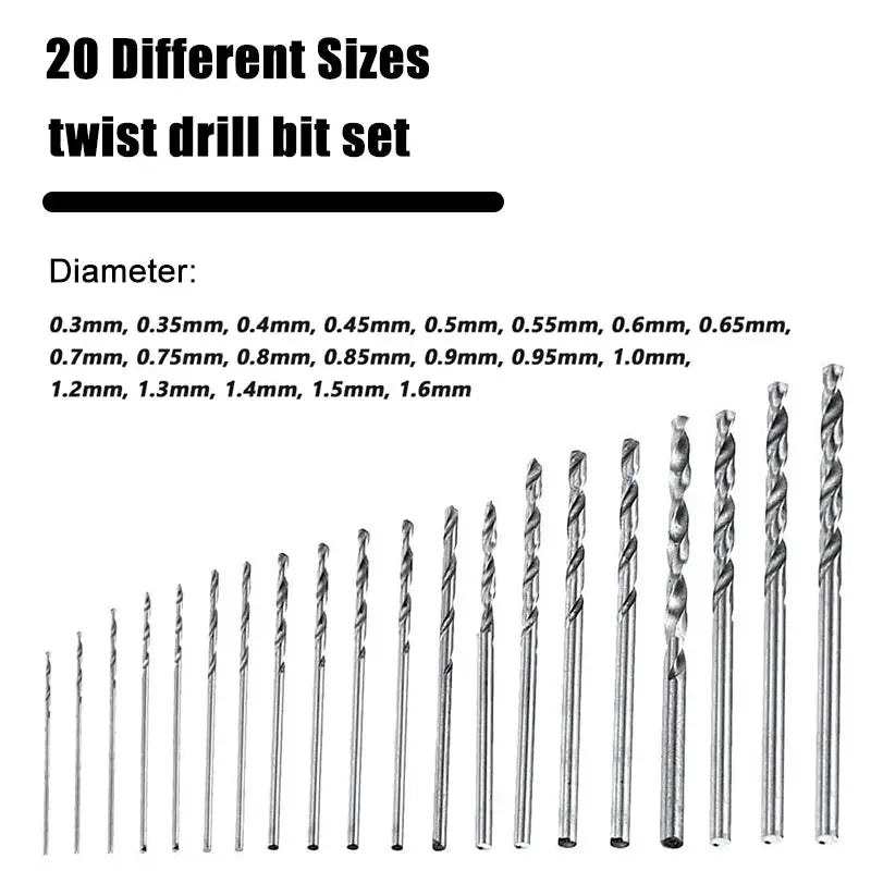 20 Pc Mini Twist Drill Bit Set 0.3mm To 1.6mm High Speed Steel For Woodworking Plastics PVC Circuit Board Micro Drilling