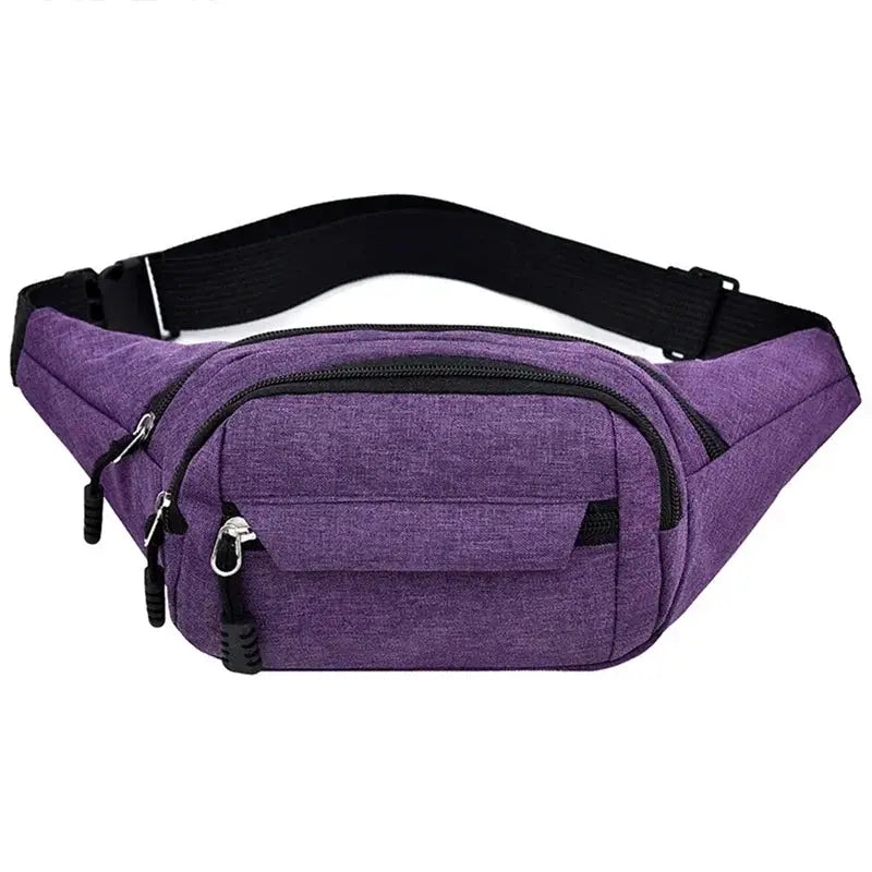 Purple waist bag with multiple zip pockets and adjustable strap for men and women.