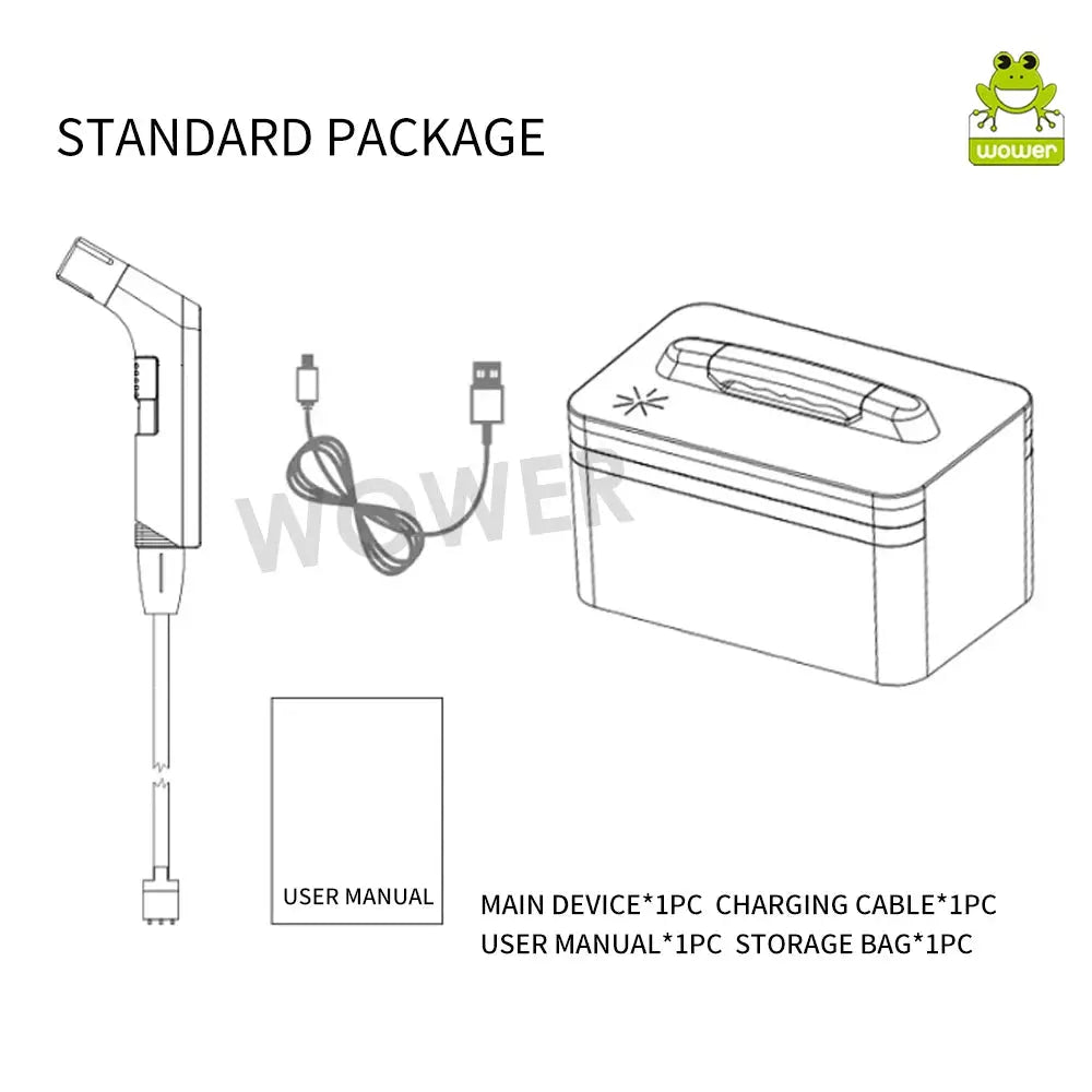 Wower portable electric bidet 4-piece set with 2.3L reservoir; includes charging cable, storage bag, and manual