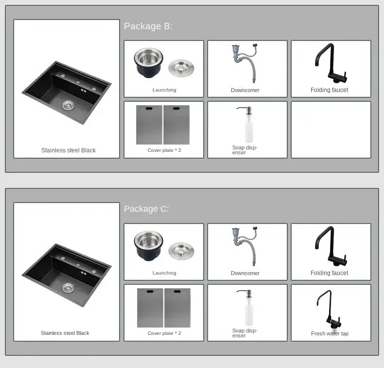 Simples Market Nano hidden kitchen sink, stainless steel black, 55x45x23 cm with single groove and invisible cover