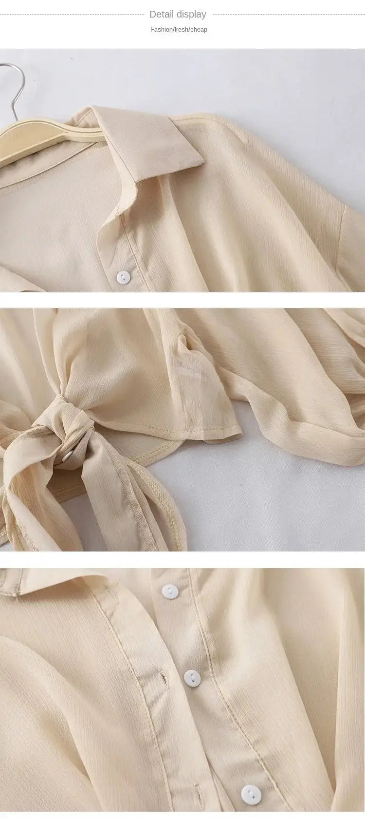 Beige chiffon blouse for women with tie-waist, short sleeves, collared, button-front