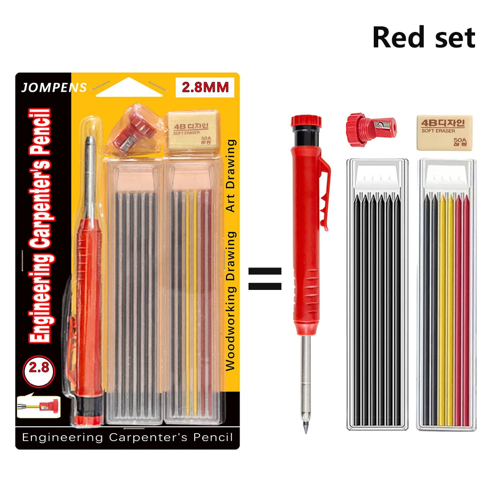 Simples Market carpenter pencil set with built-in sharpener; red automatic pencil and 2 tins of 2.8mm lead pencils.