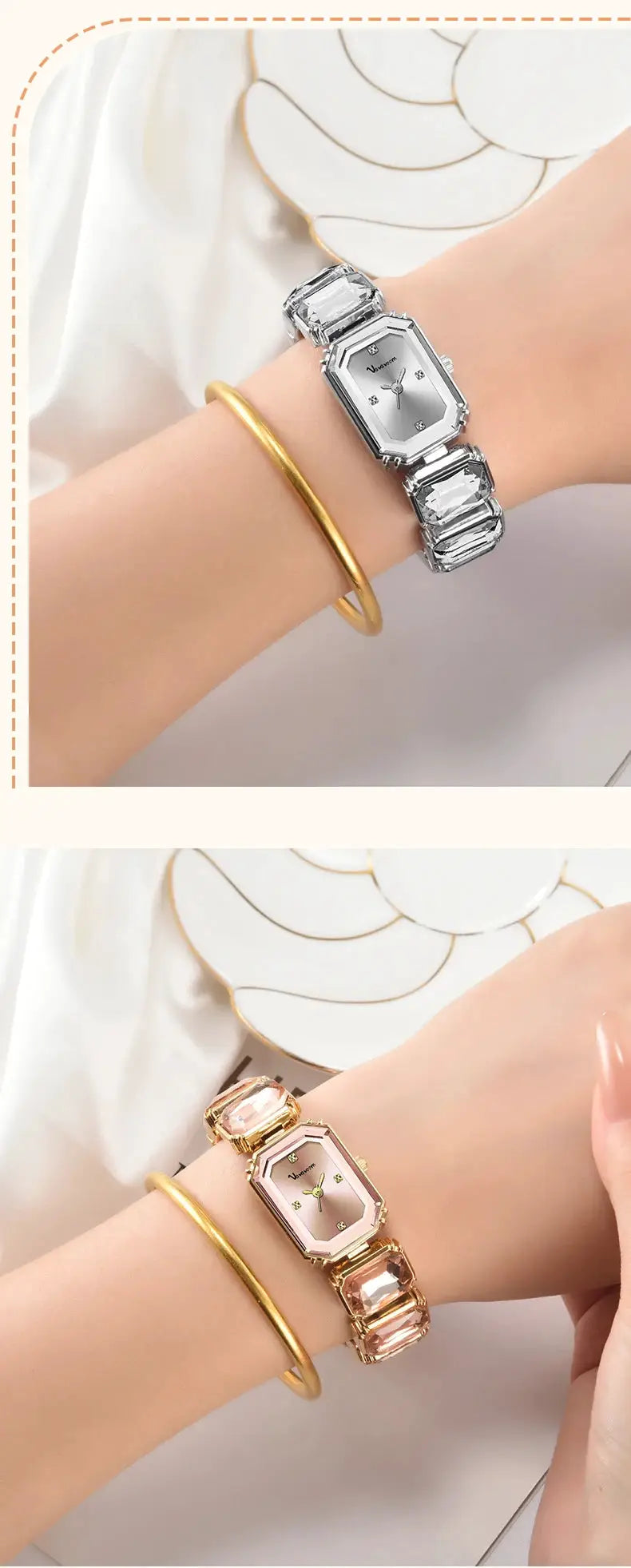 Women square watch with rhinestone stainless steel bracelet; two color variants: silver-tone and rose-gold