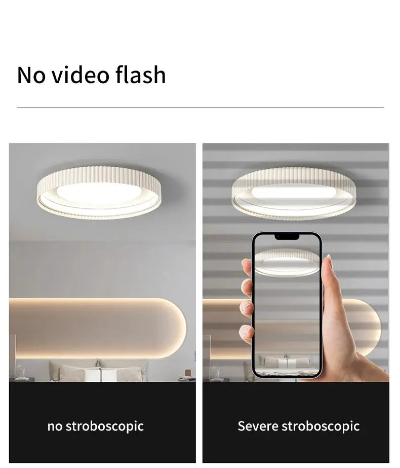 Simples Market modern round LED ceiling light with ribbed metal ring; two panels show no strobe vs severe strobe.