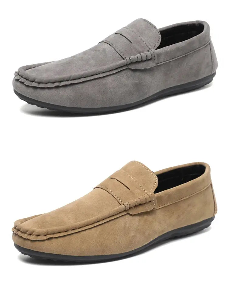 Two casual men's driving loafers in grey and tan suede from Simples Market