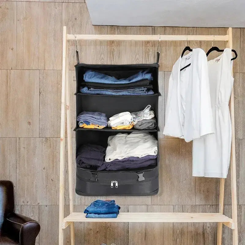 3-in-1 Travel Clothes Storage Hanging Bag by Simples Market, large black fabric garment organizer with multiple shelves
