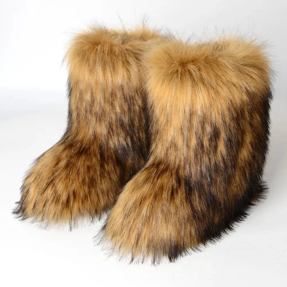 Women's Winter Snow Boots With Plush Faux Fox Fur Mid Calf Warm Platform Shoes For Cold Weather Outdoor