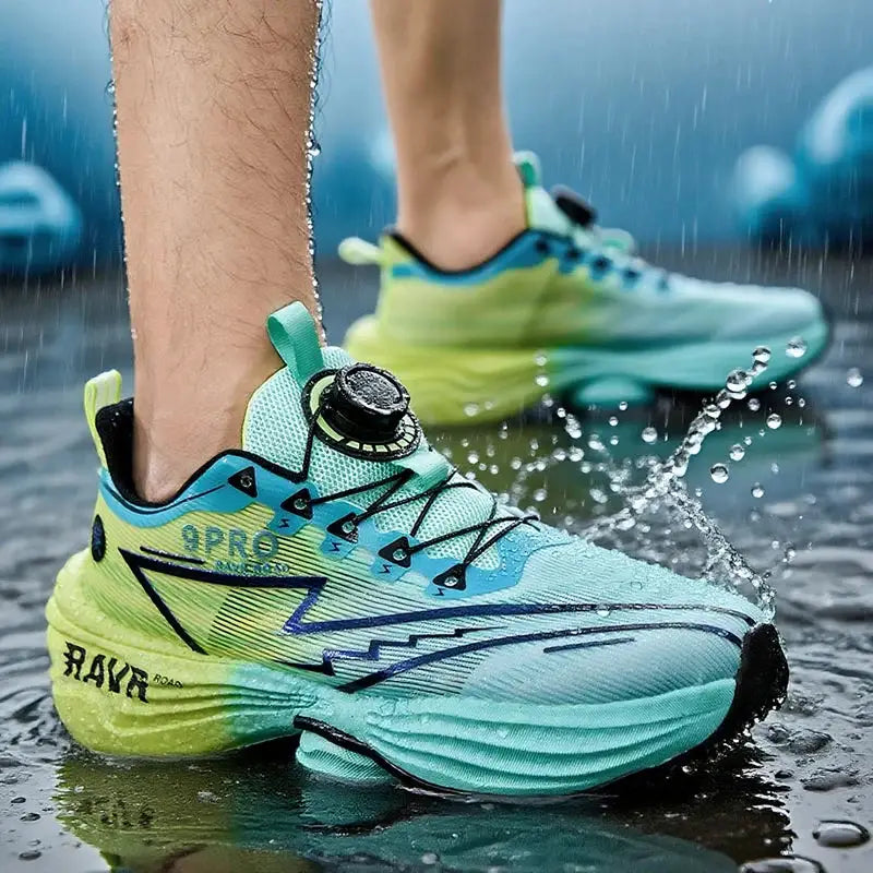 Men's running shoes in aqua teal with neon lime sole and dial closure, lightweight racing style