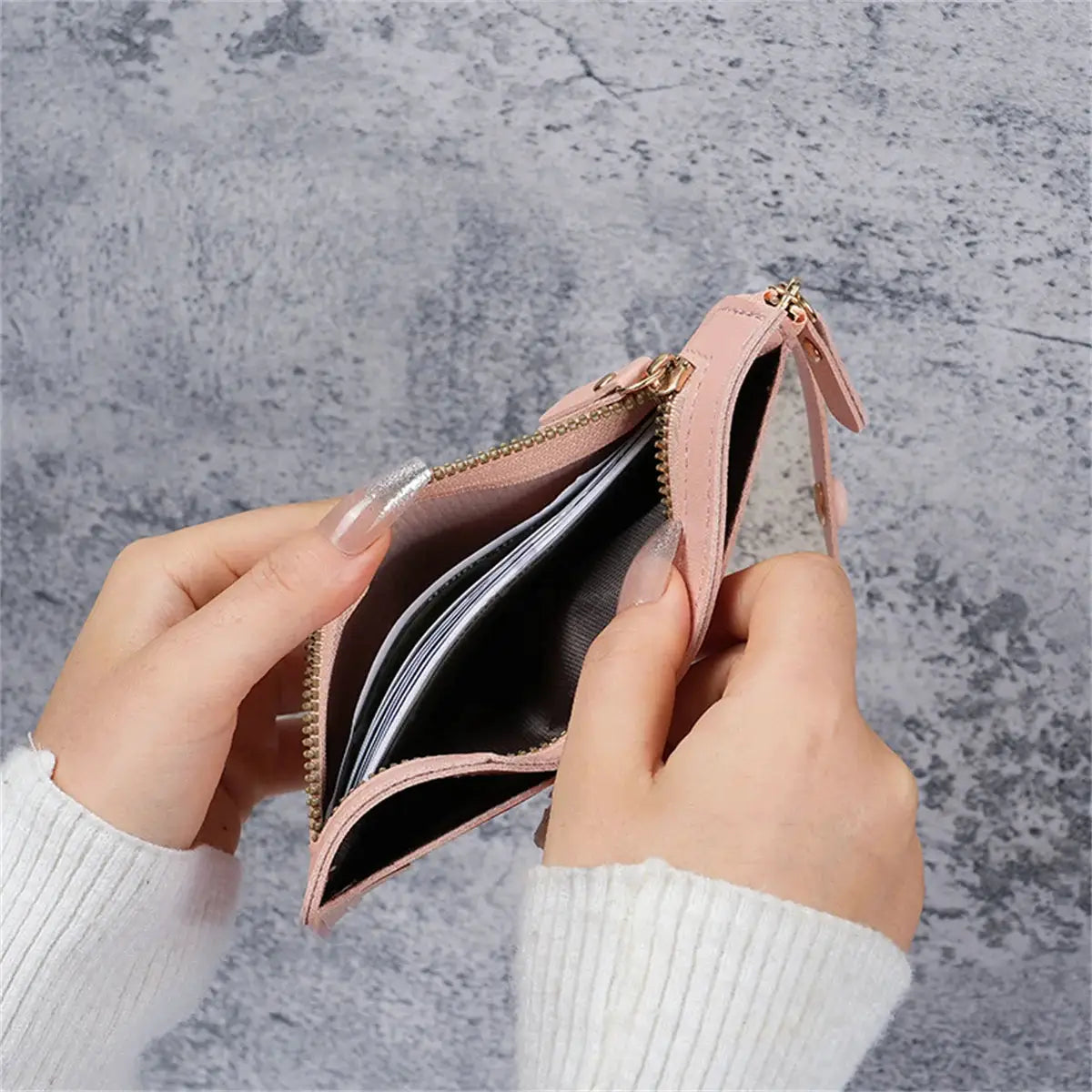 Wallet pink slim zipper wallet for women with card slots and coin pocket