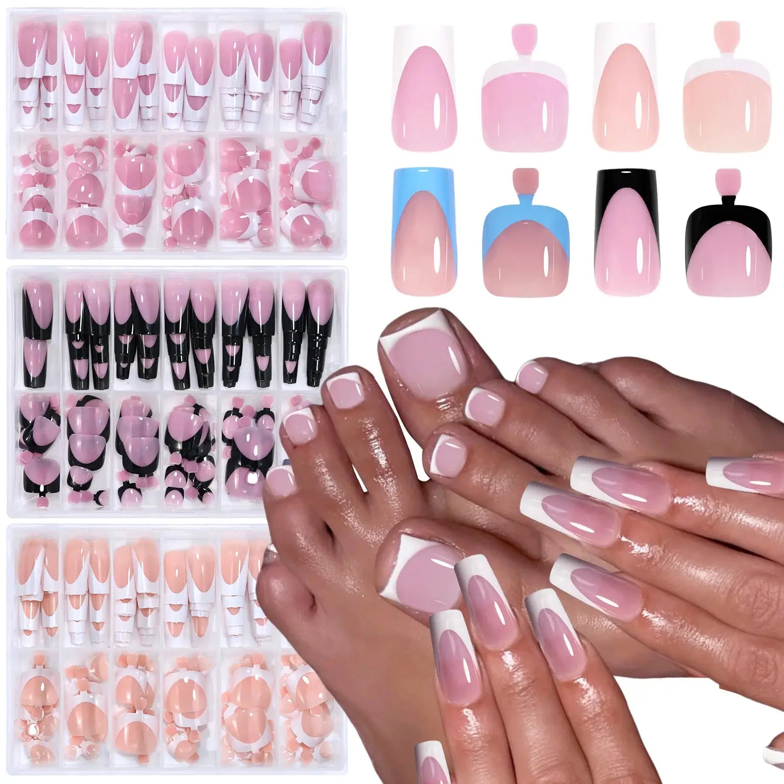144 Pcs French Manicure Nail Set For Hands And Feet Summer Short Square Shiny Acrylic Full Coverage
