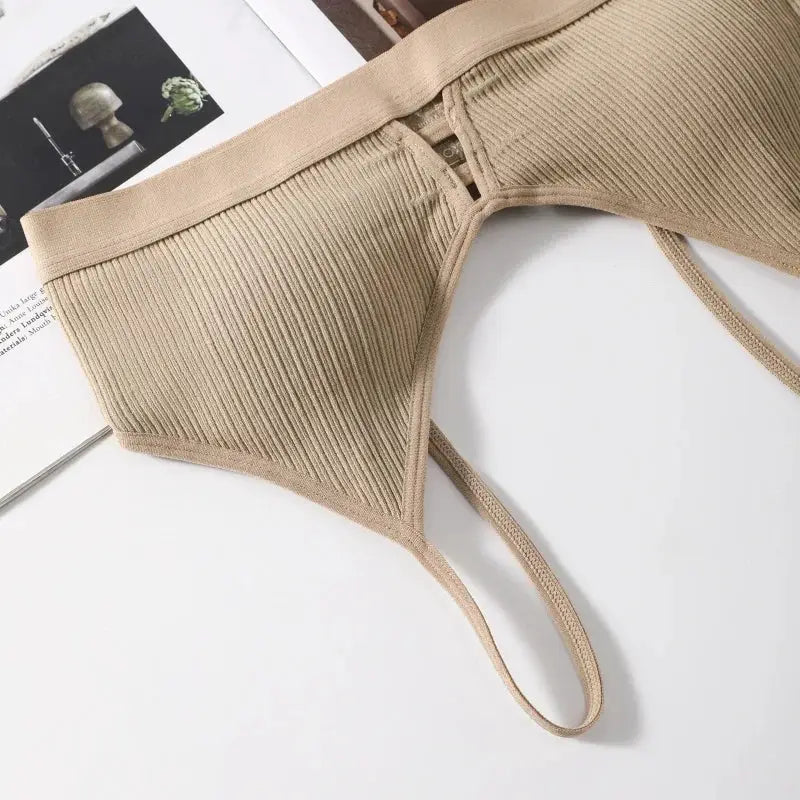 Women's ribbed hollow-out bralette wireless padded bra with thin straps in beige