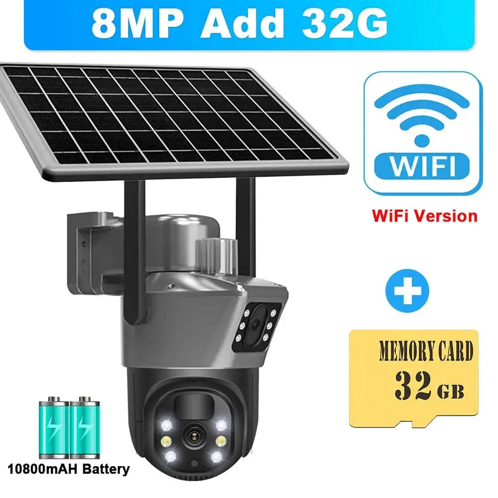 Simples Market 8MP solar outdoor WiFi CCTV camera with dual-lens PTZ and 32GB memory card
