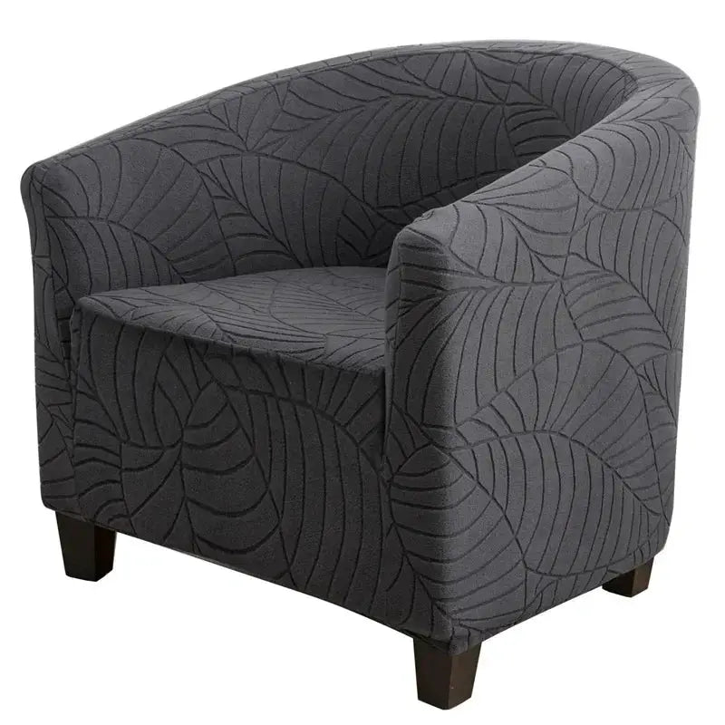 Elastic club chair cover in charcoal gray jacquard with leaf pattern for single armchair
