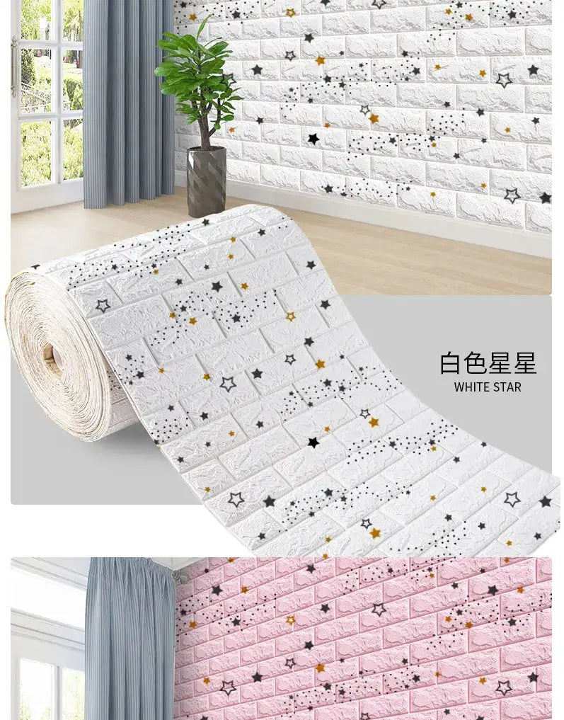 3D foam brick wall panels roll with white brick and star pattern; self-adhesive, waterproof decor by Simples Market