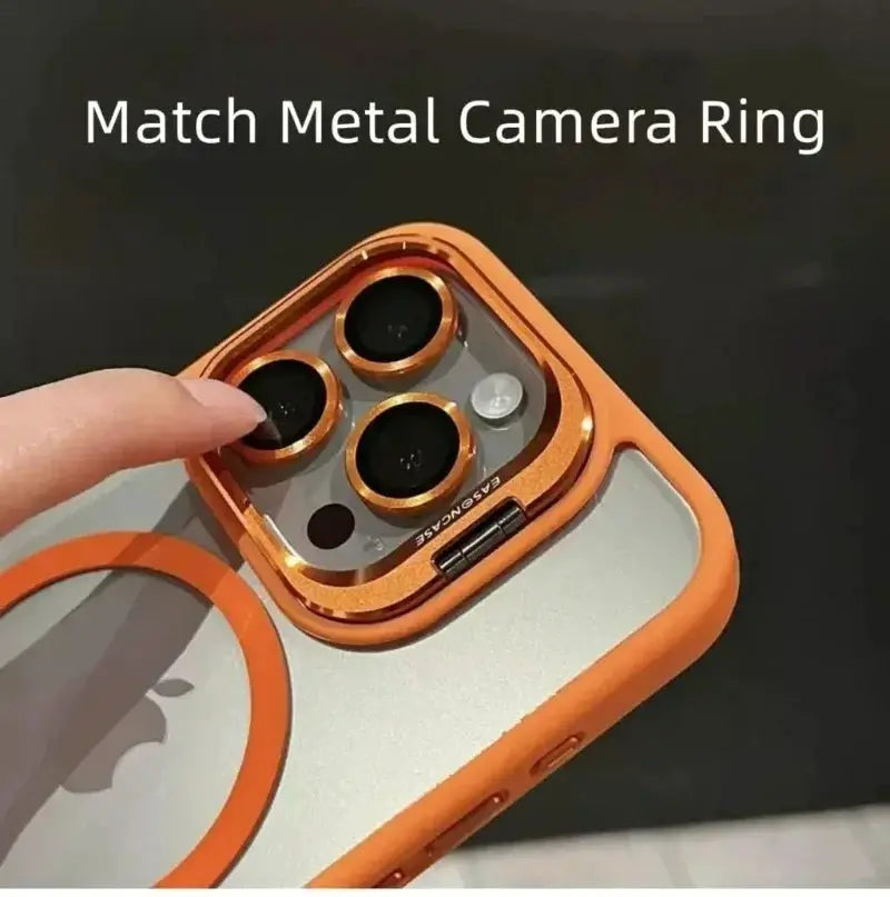Luxury magnetic shockproof orange iPhone case with metal camera ring